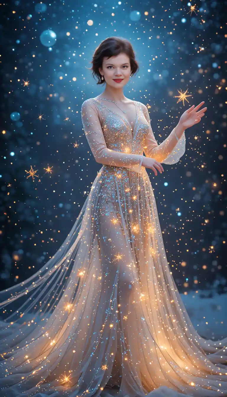 Frau in schimmerndem Winterkleid mit leuchtenden Schneeflocken