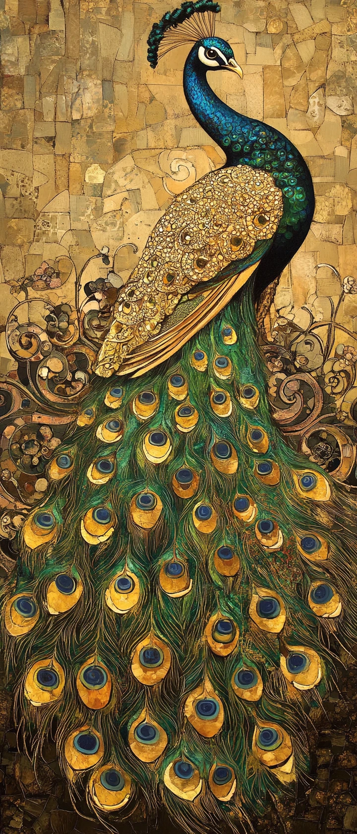 Golden mosaic peacock displaying its tail in a stylized garden