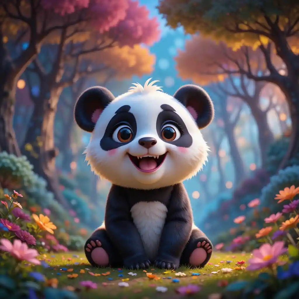 Niedliches Cartoon-Babypanda im magischen Wald