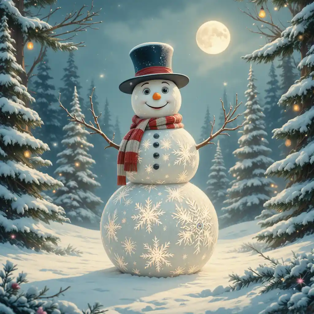 Pupazzo di neve vintage in una foresta di Natale innevata - illustrazione