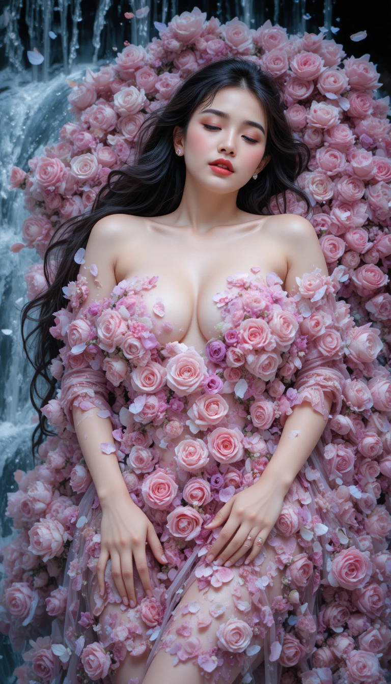 Glamorous woman by a waterfall covered in rose flowers