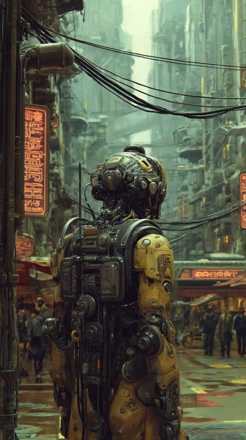 Menacing cyborg in tactical armor in a dark cyberpunk city
