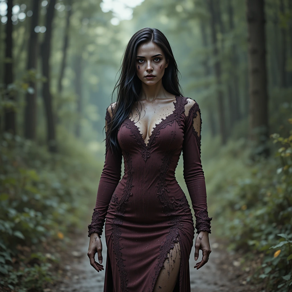 Mature woman in torn burgundy dress on forest path