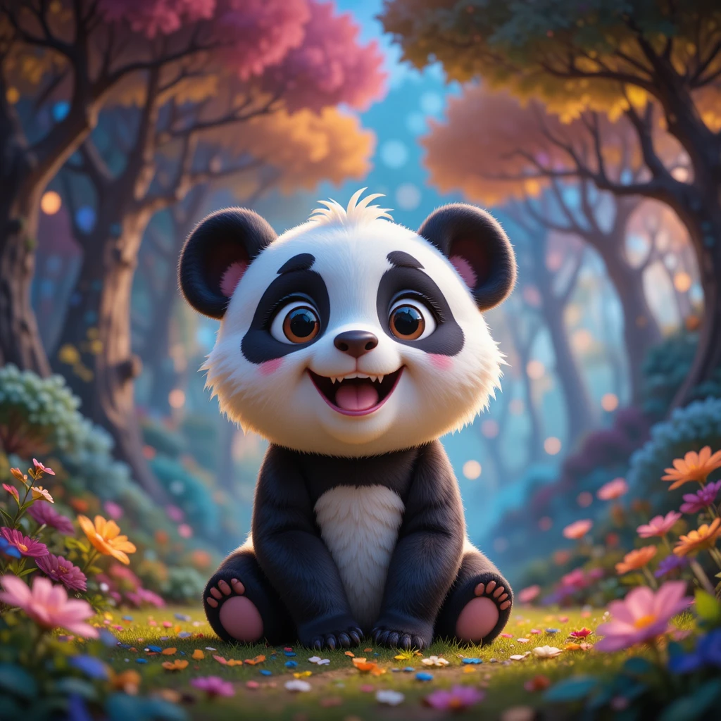 Dolce panda bebé a cartone animato in una foresta magica