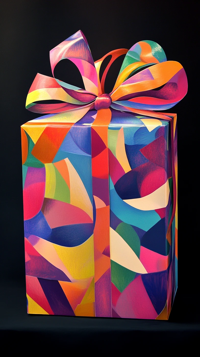 Large colorful gift box with uneven tied bow