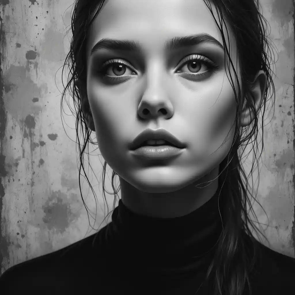 Grayscale close up portrait of a young woman