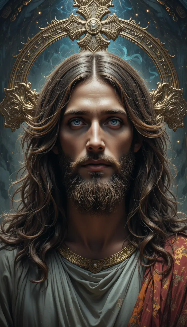 Mystical Portrait Of Jesus Christ With Metal Halo Glow