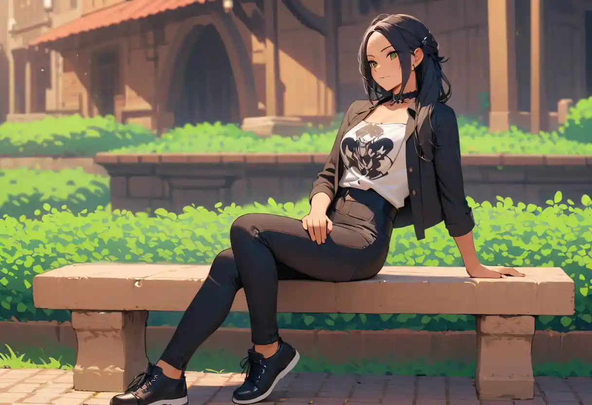 Fille gothique d’anime sur un balcon avec un chat blanc au crépuscule