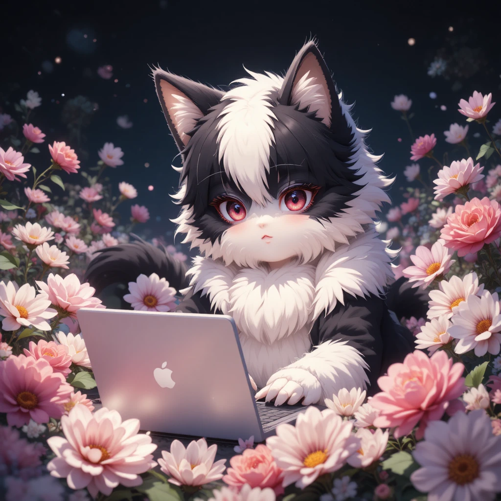Fluffy anime cat playing with laptop among flowers