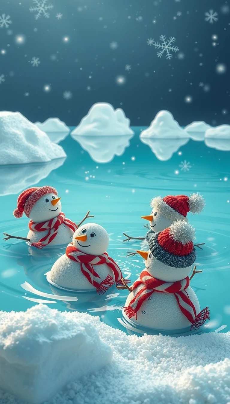 Snowmen Relaxing In A Calm Peppermint Pool Landscape