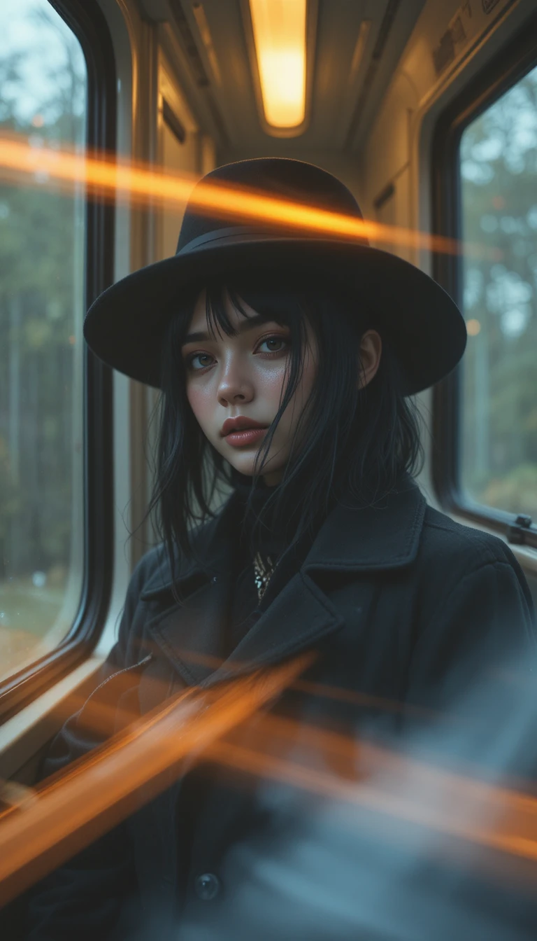 Donna con cappello nero in treno di notte
