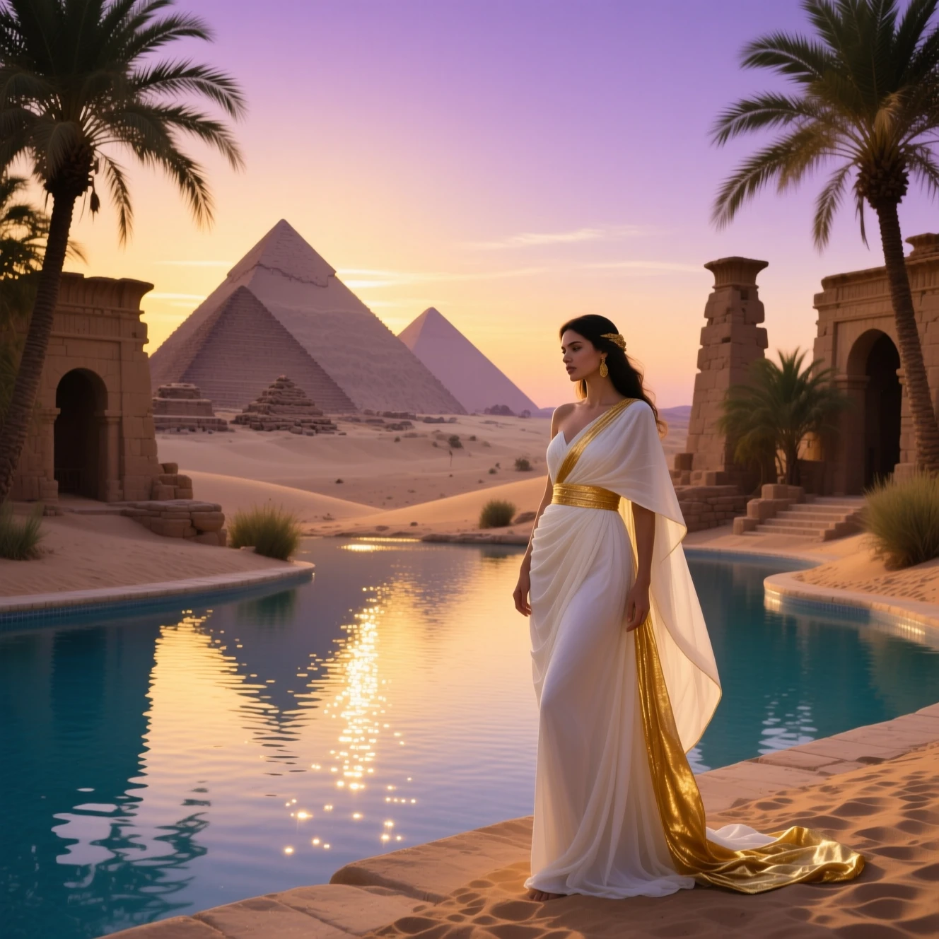 Femme élégante près d’une oasis tranquille du désert égyptien au crépuscule