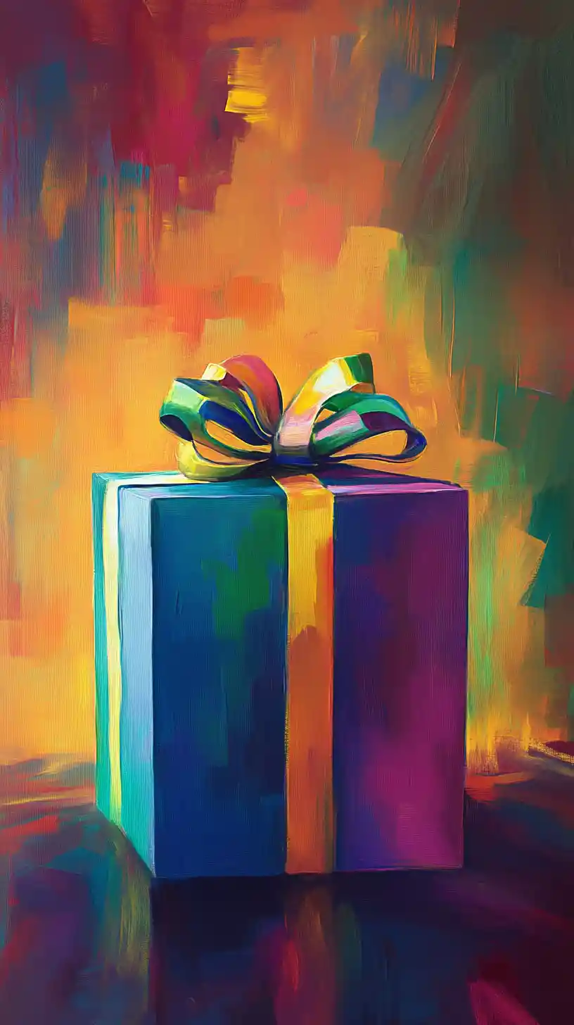 Colorful gift box wrapped with a thin uneven bow