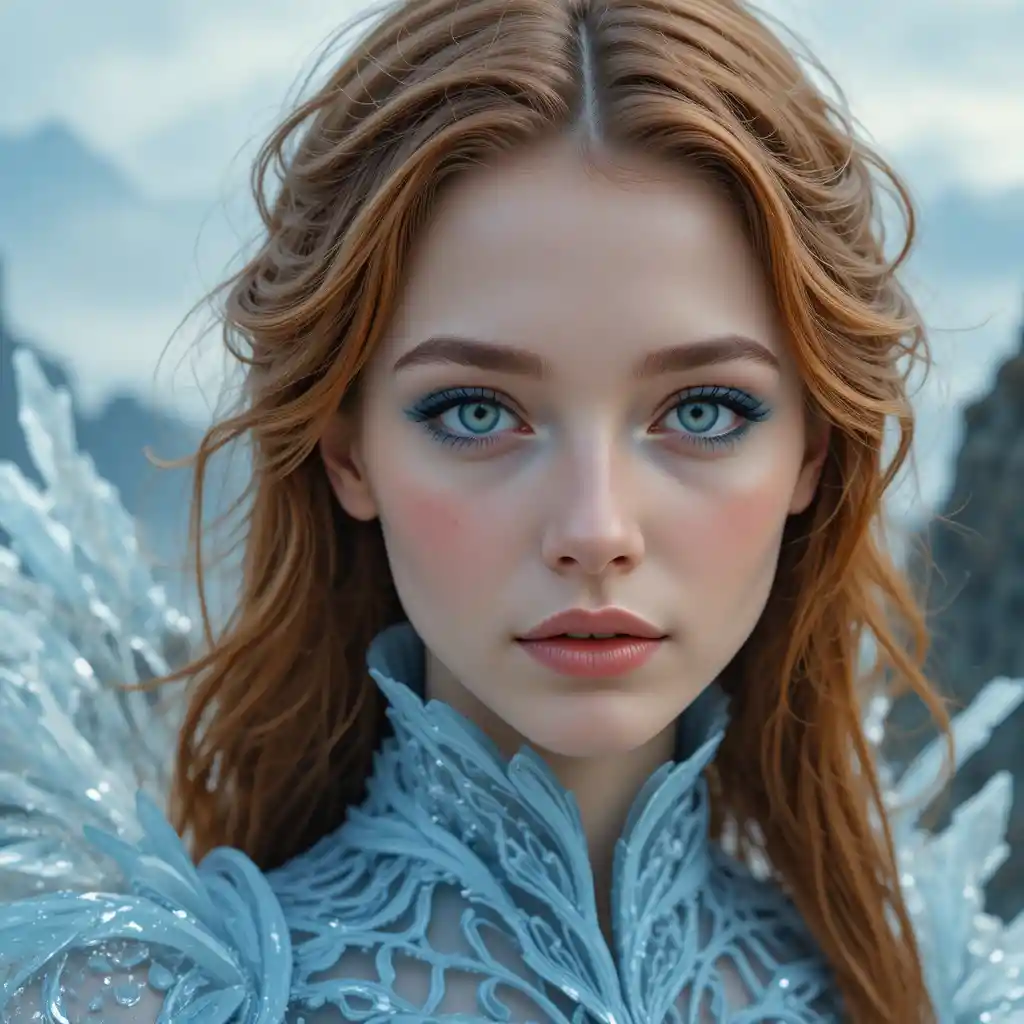 Ethereal auburn haired girl with crystal wings in sky