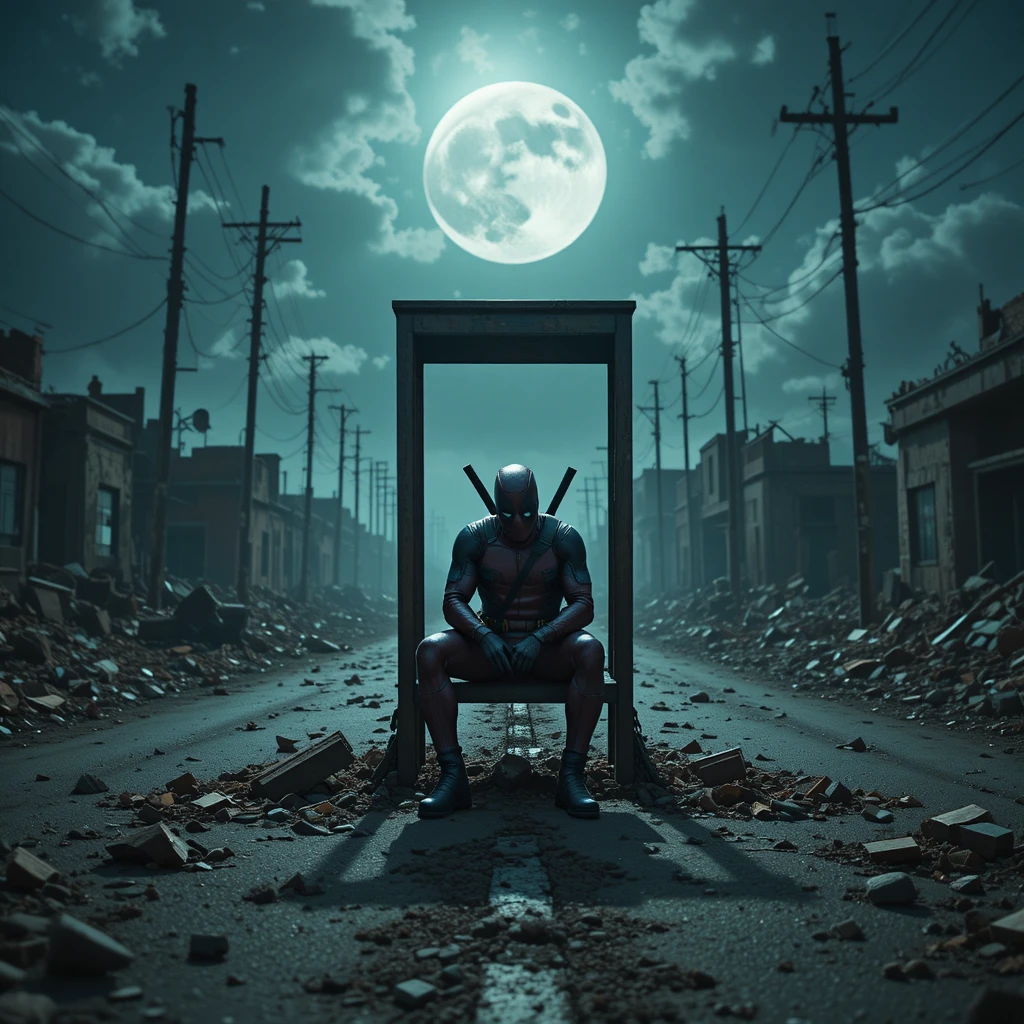 Superhero Sitting Alone On A Chair In Ruined Street