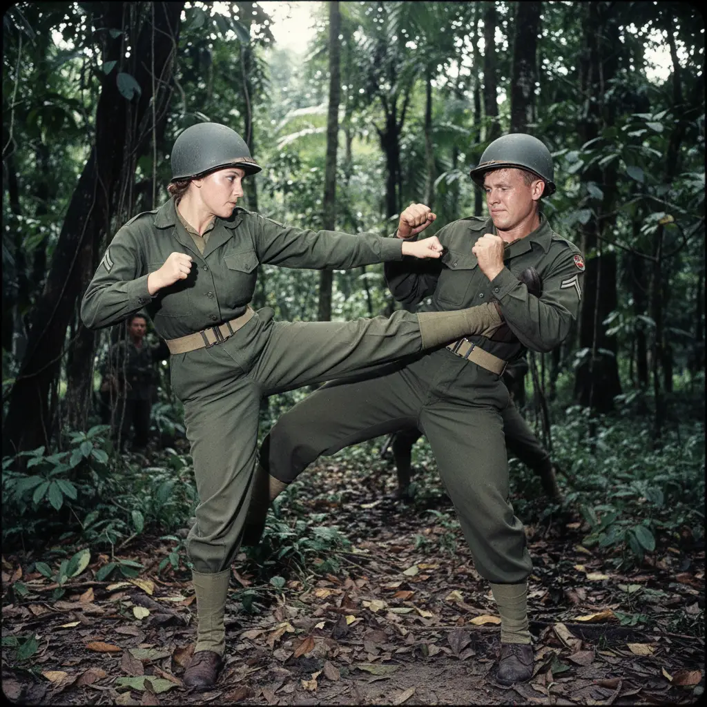 American soldiers hand to hand combat training in jungle