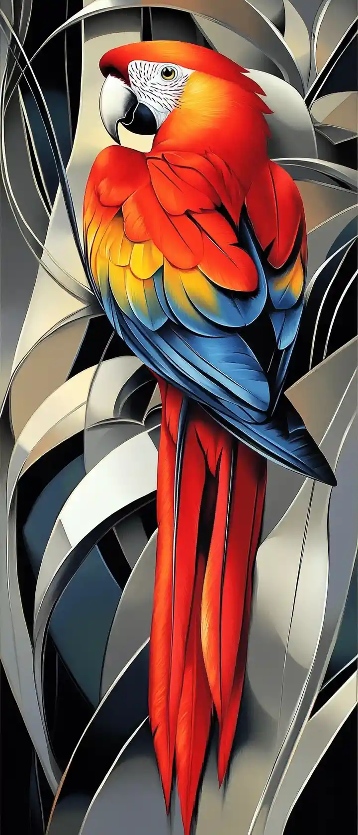 Scarlet macaw portrait in bold art deco painting style