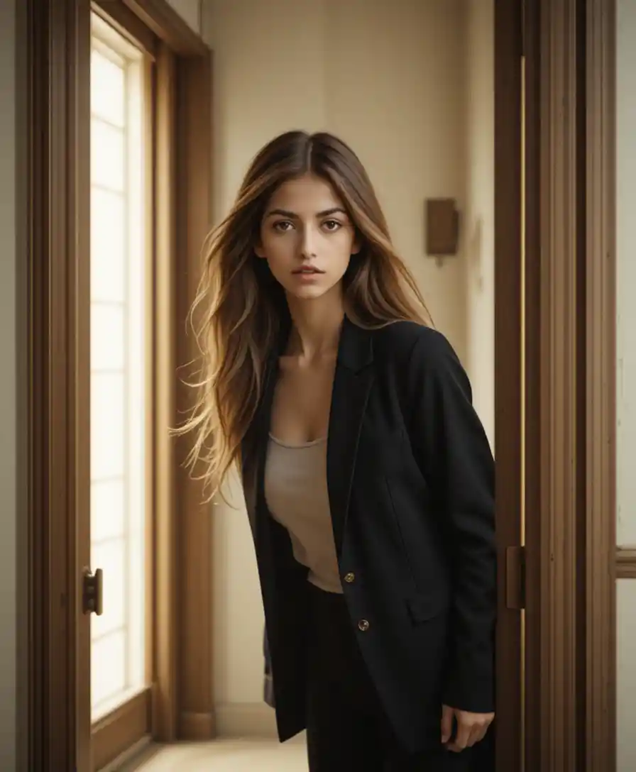 Thoughtful woman in blazer by a bright doorway