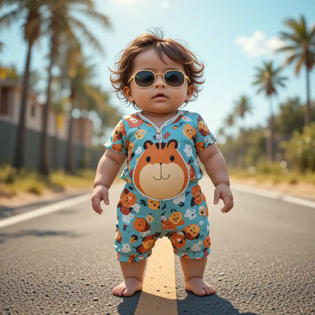 Cute baby standing confidently on a sunny city street