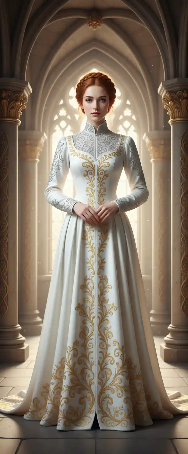 Dama medieval in abito di velluto bianco in sala fantasy gotica