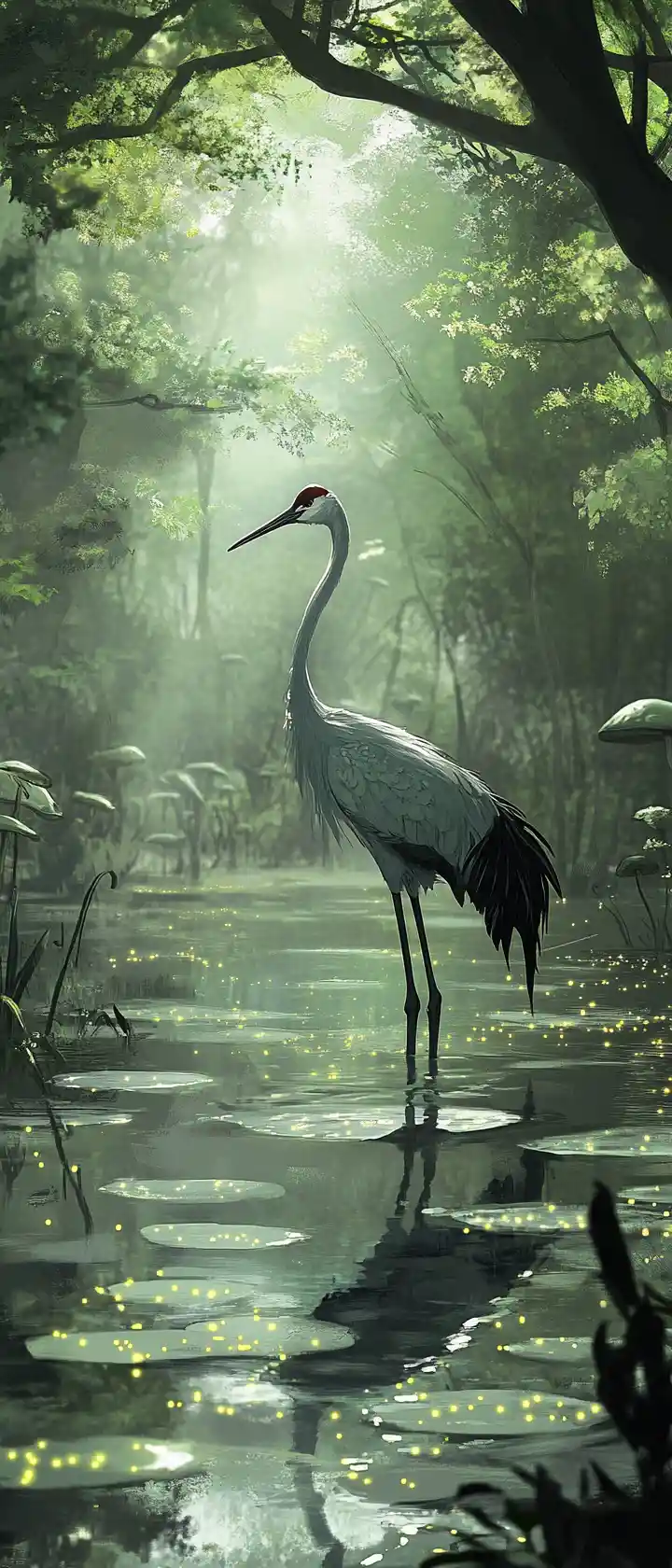 Solitary crane walking through a glowing misty wetland