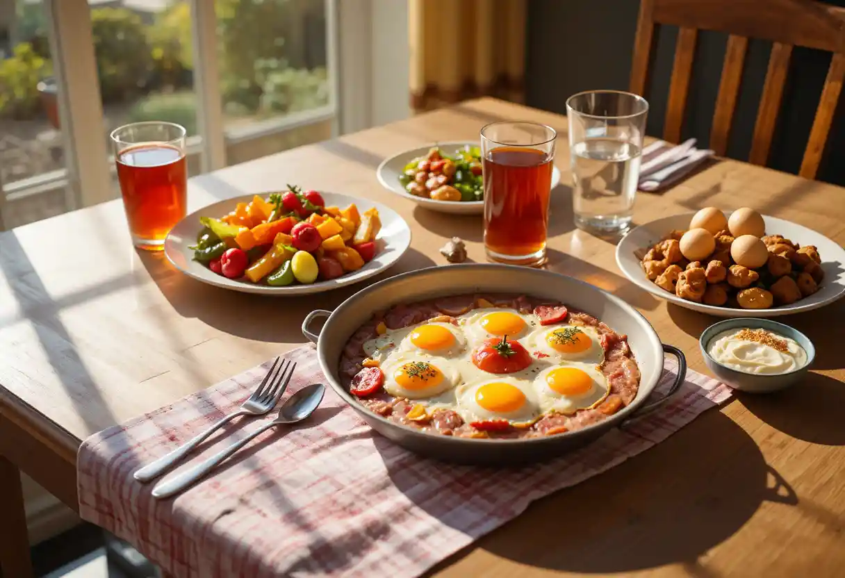 Desayuno soleado en una luminosa mesa de comedor matutina