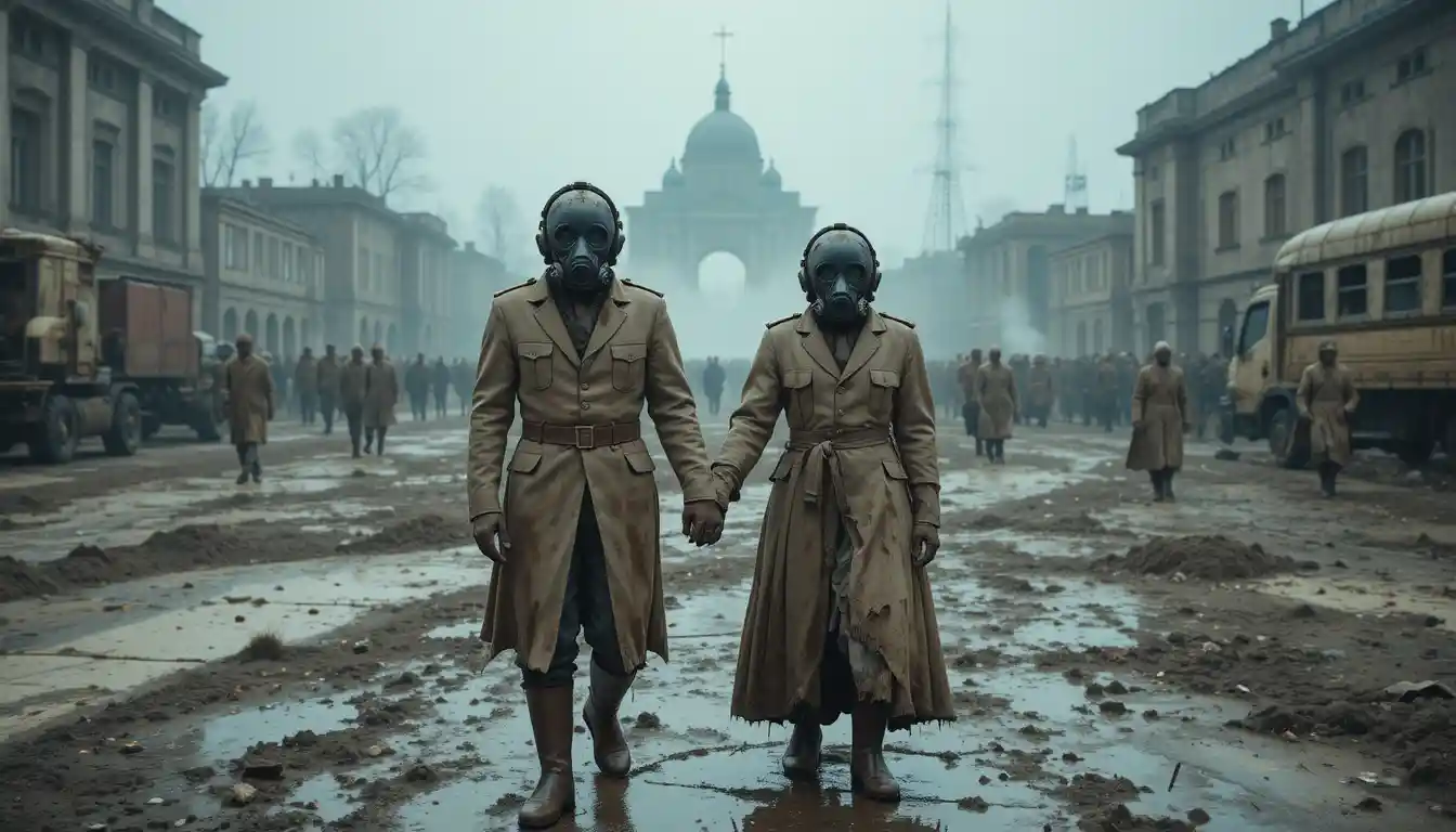 Mariée et marié avec des masques à gaz sur la place en ruines de Tchernobyl