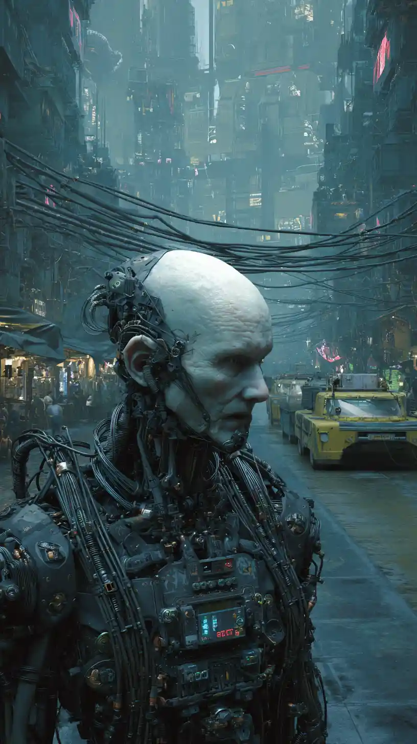 Cyberpunk cyborg in heavy armor with menacing mechanical jaw