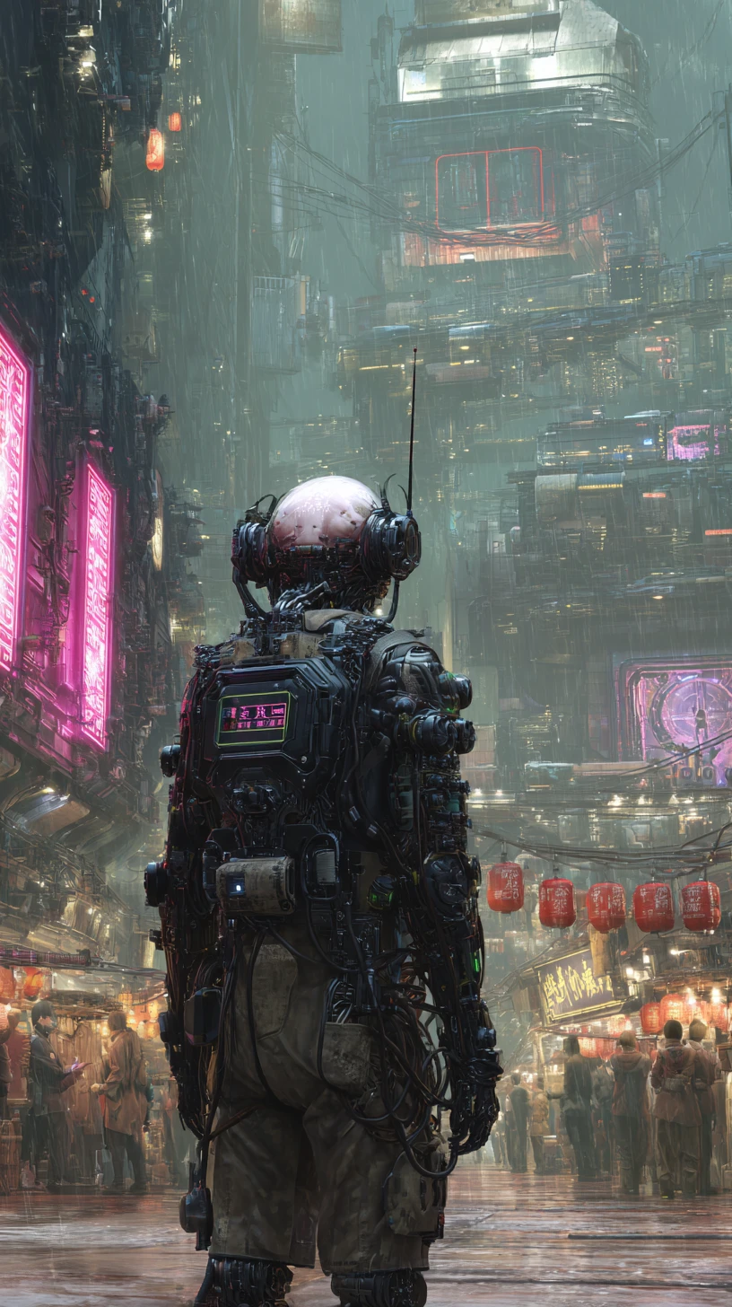 Bedrohlicher Cyberpunk-Cyborg in dunkler futuristischer Rüstung