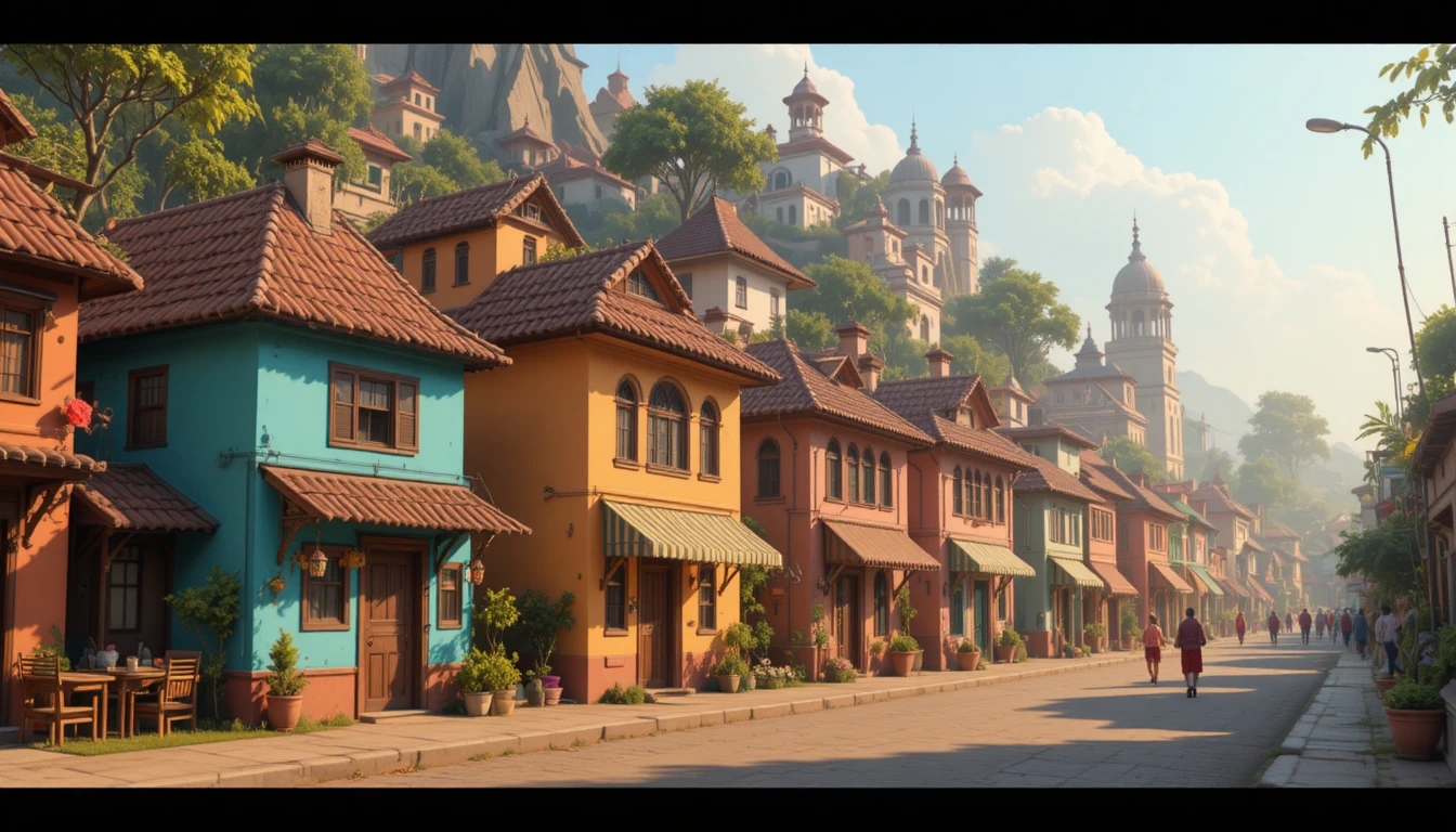 Pequena cidade indiana colorida na suave luz da manhã