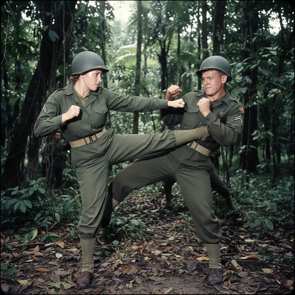 American soldiers hand to hand combat training in jungle
