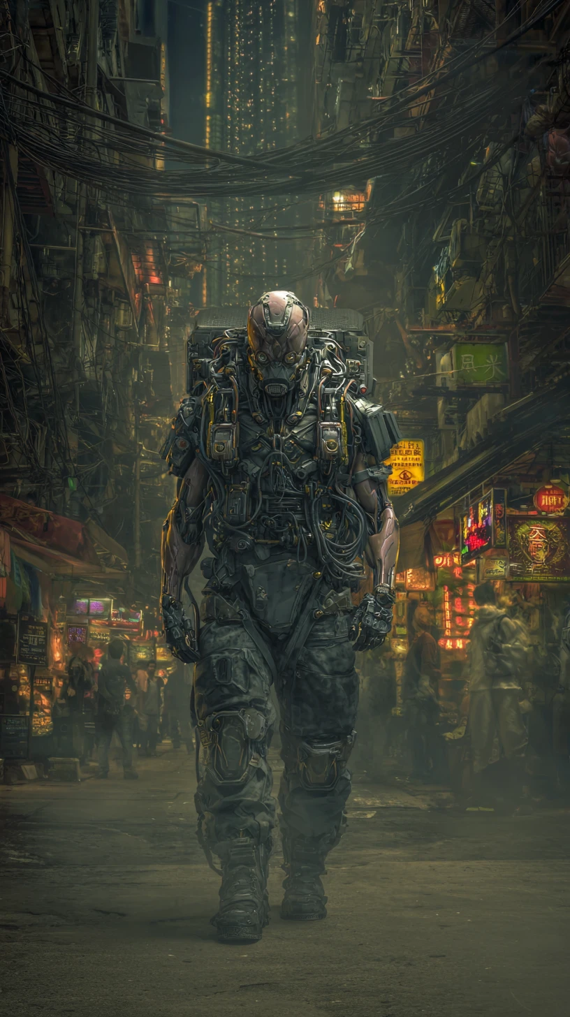 Cyborg cyberpunk a figura intera in armatura tattica vista frontale