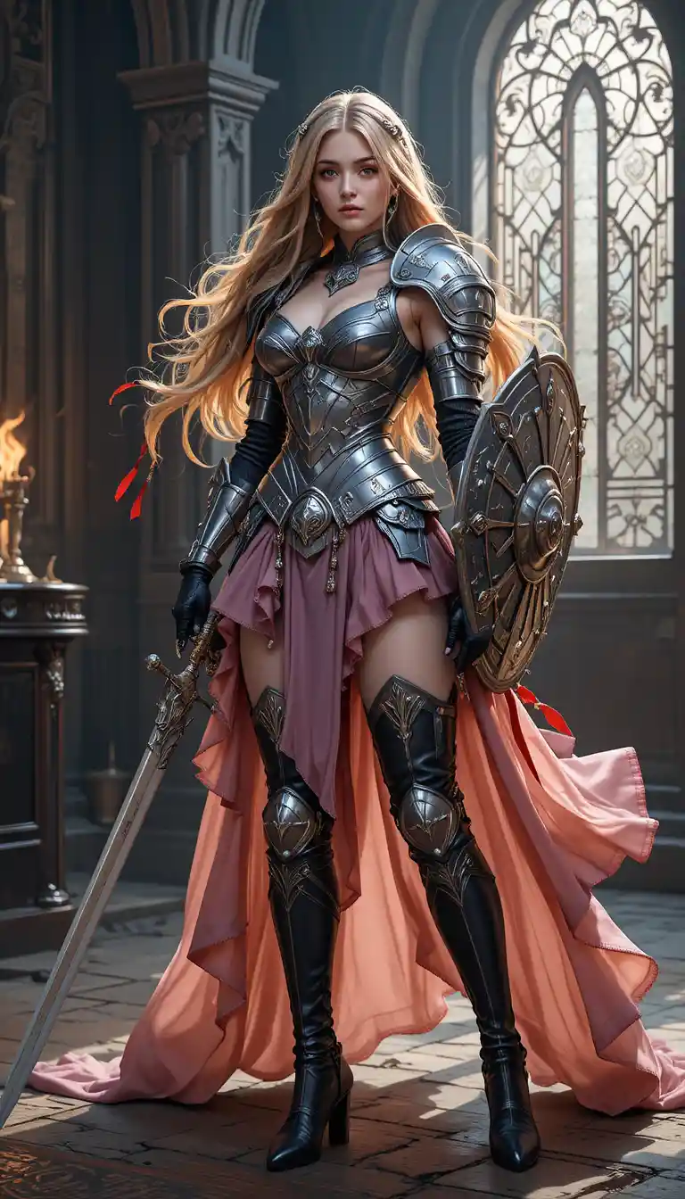 Armored fantasy warrior woman before a burning gothic window
