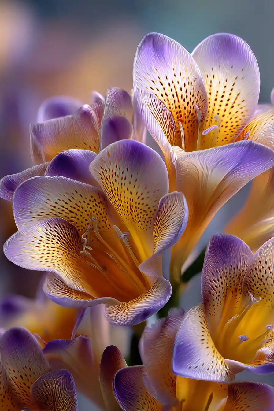Macro starry freesia flowers with glowing bokeh candlelight