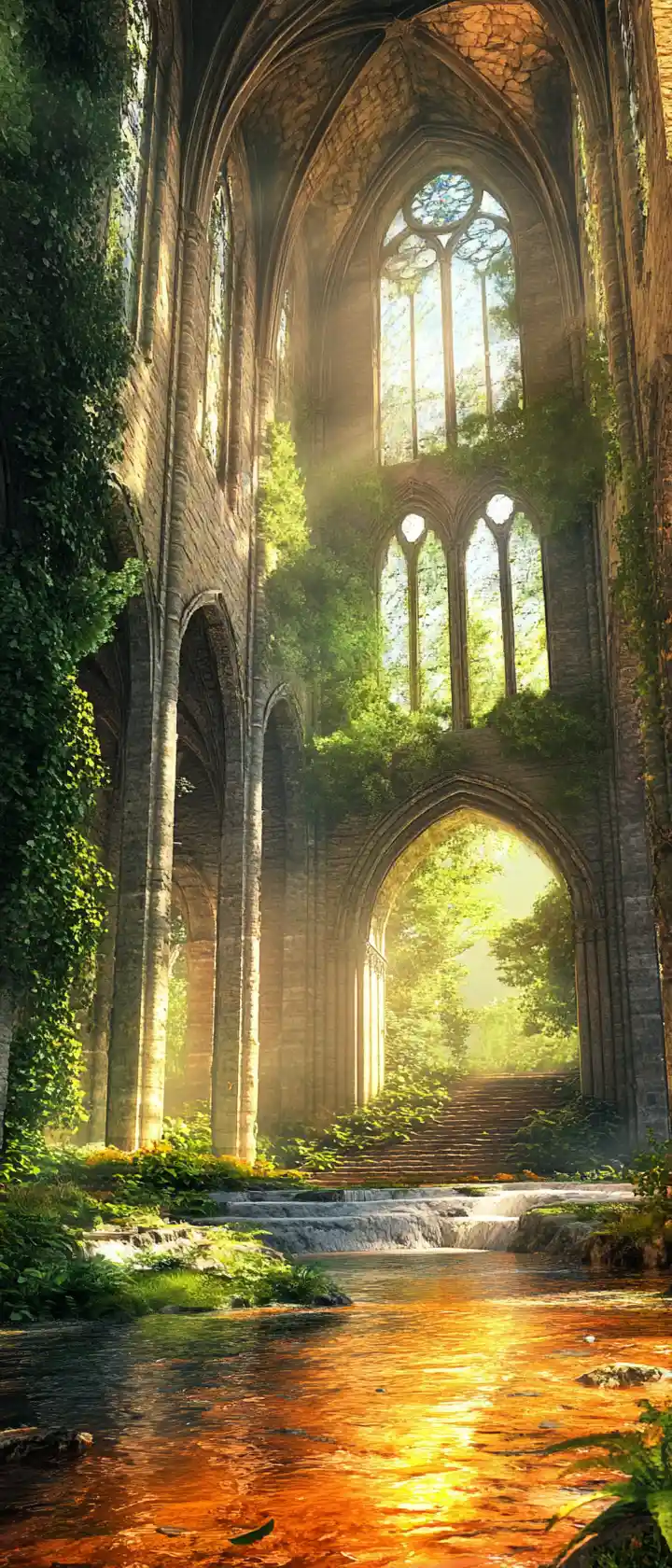 Sunlit cathedral ruins entwined with lush green nature