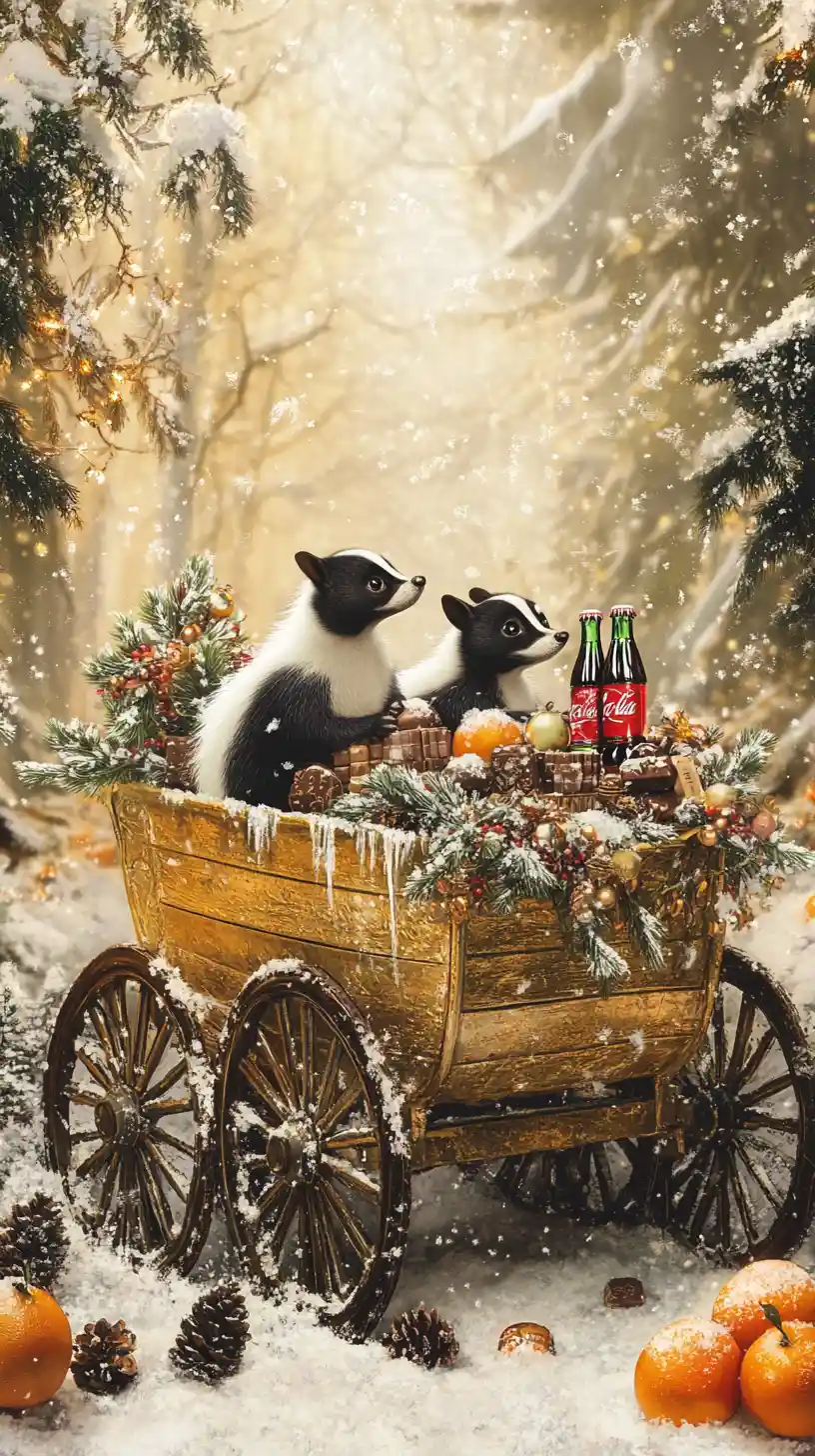 Verspielte Stinktiere in einem festlichen Winterwagen