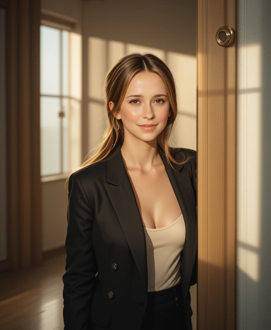 Elegant woman by doorway in soft natural interior light