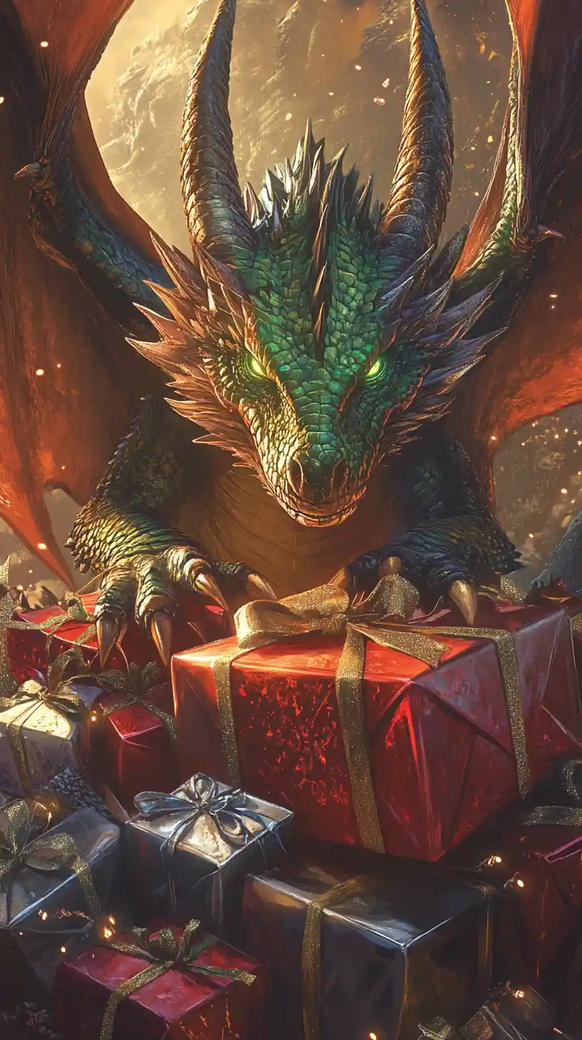 Mystical Santa Dragon Rising From Christmas Gifts