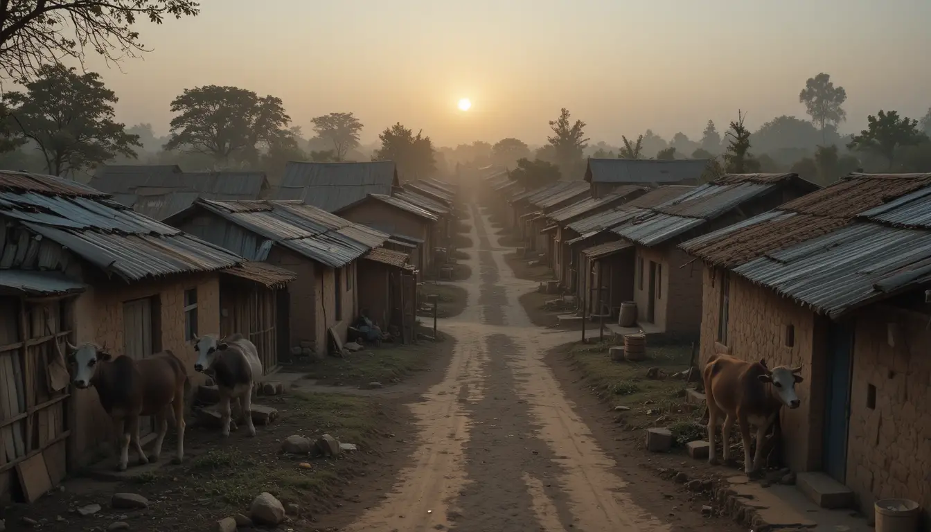 Indian rural village houses in soft golden sunrise light