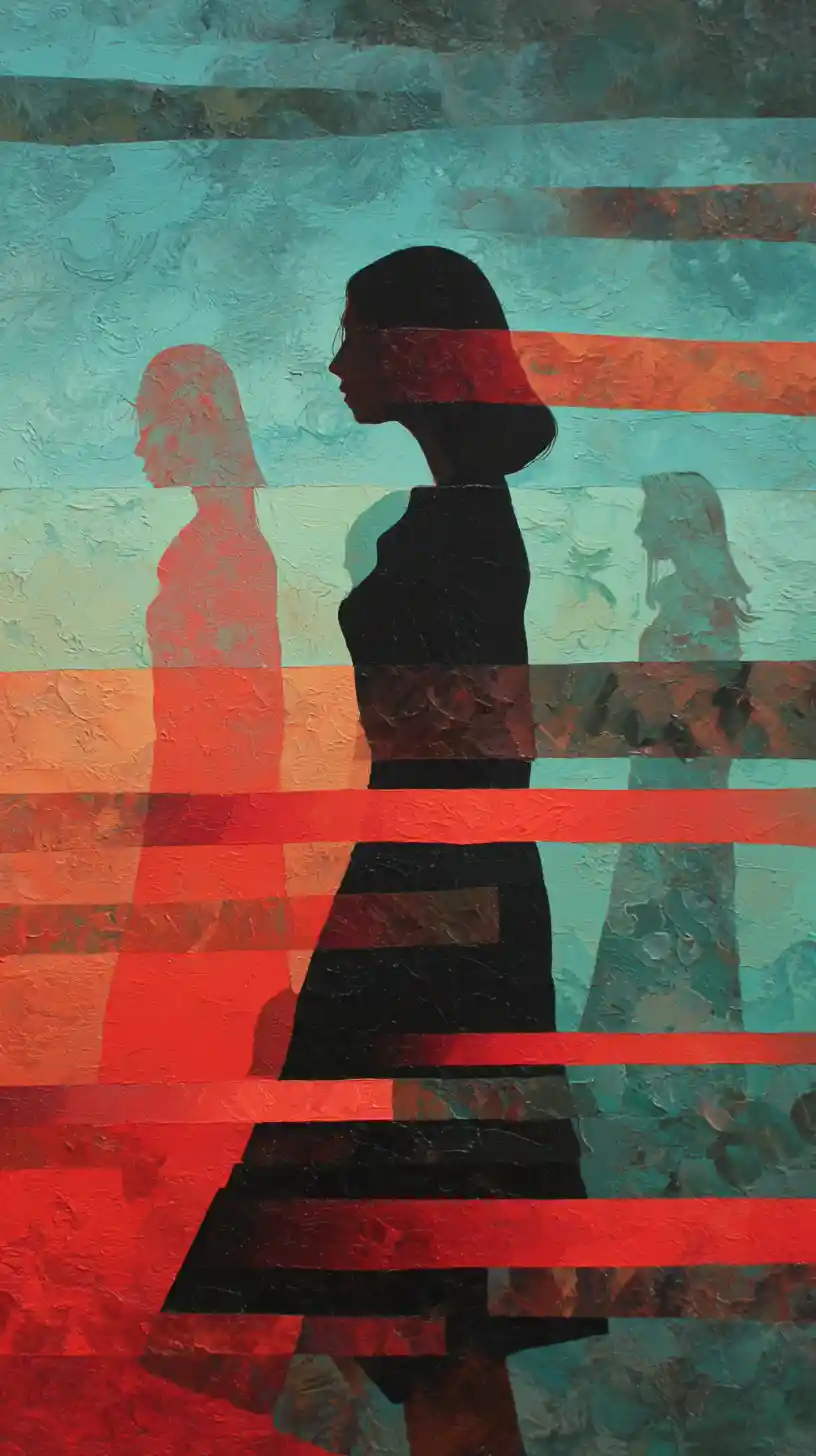 Layered curvy female silhouette in glitch strip fragments
