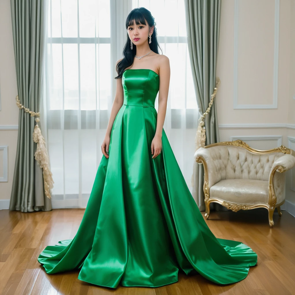 Garota elegante com vestido longo de cetim verde brilhante no céu