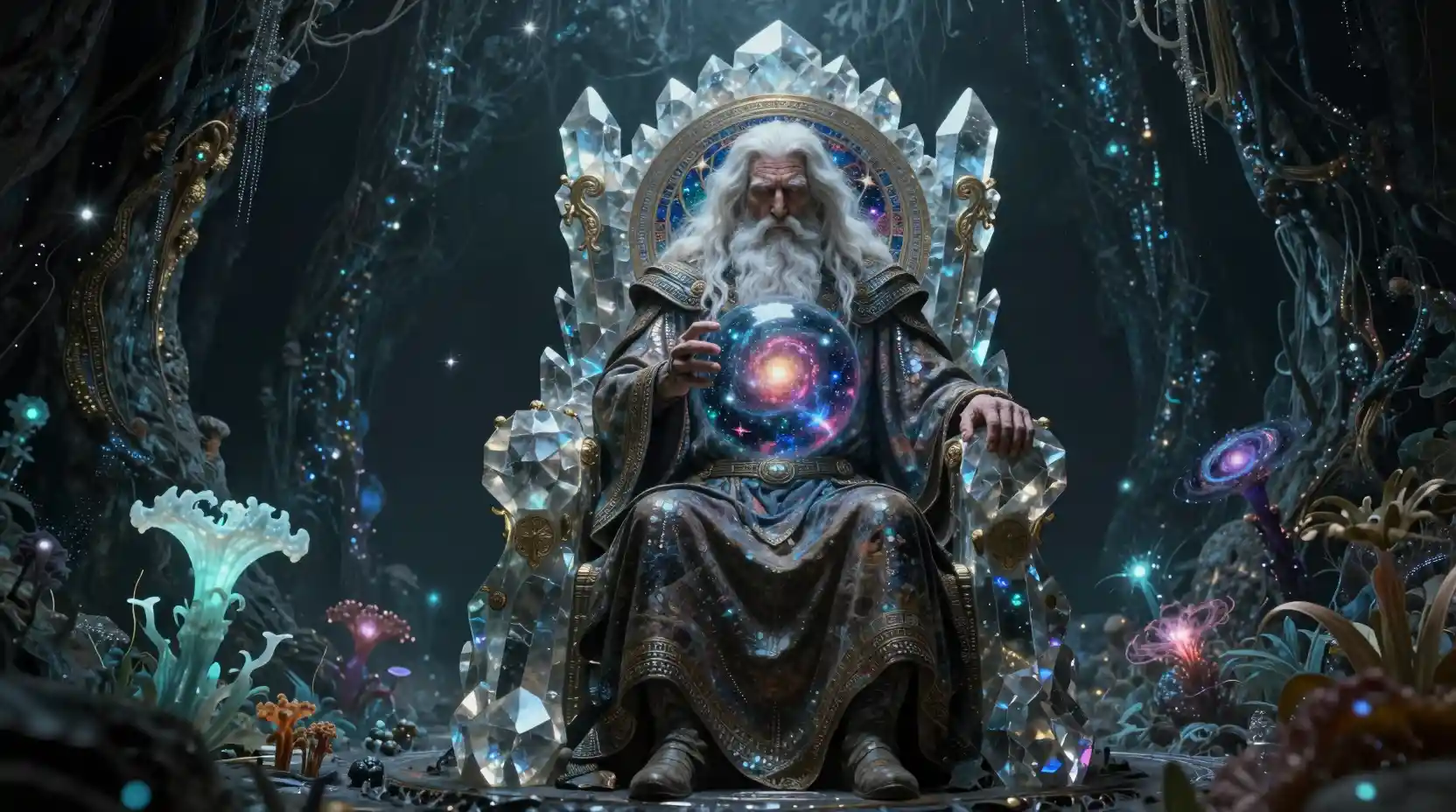 Ancient bearded man on crystal throne holding cosmic orb