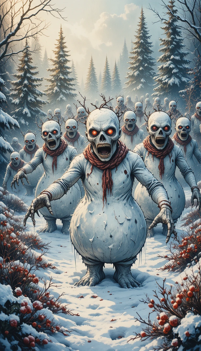Creepy Snowmen Advancing Through A Frosty Forest At Dawn