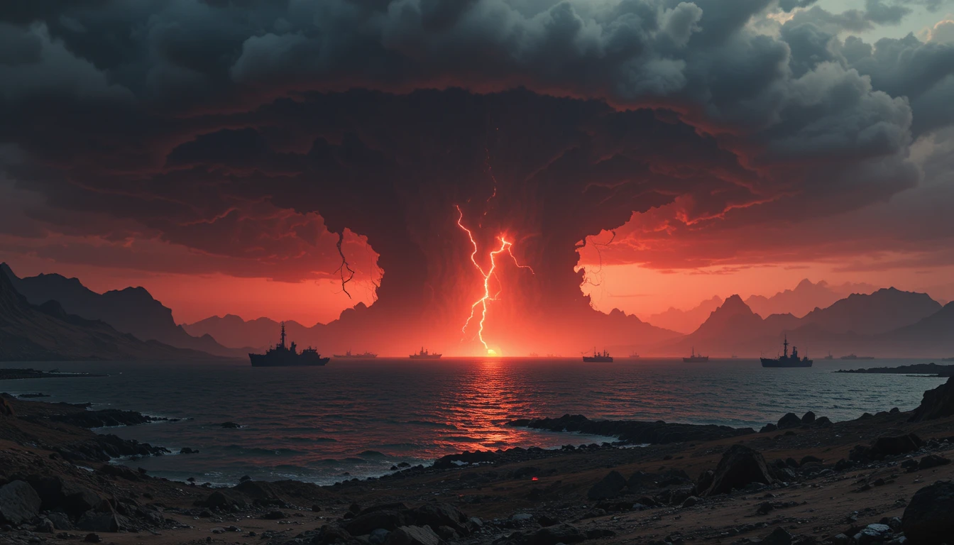 Costa apocalíptica al atardecer con buques de guerra en el horizonte
