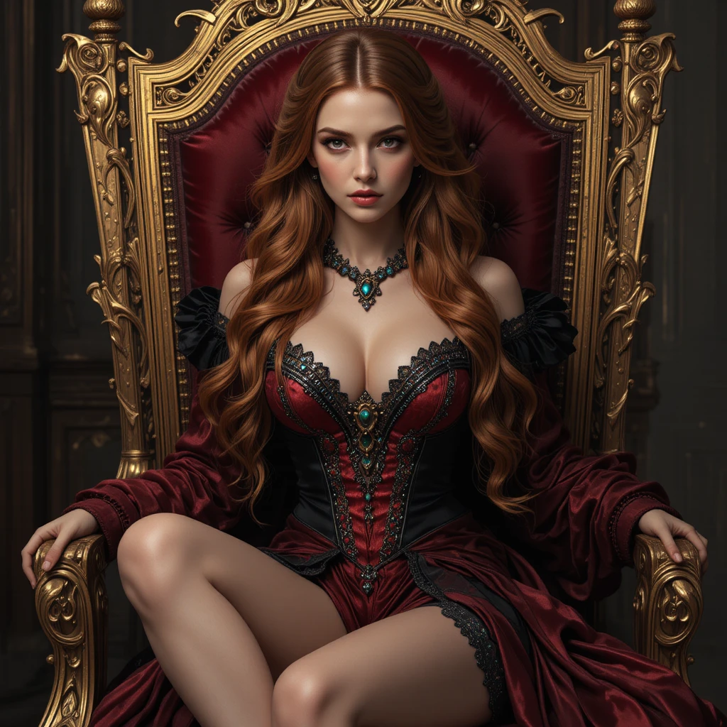 Elegant woman in red gown seated on ornate throne