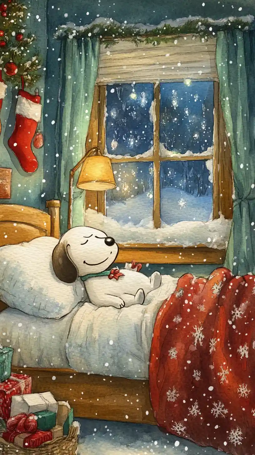 Watercolor cartoon dog sleeping in a cozy christmas bedroom