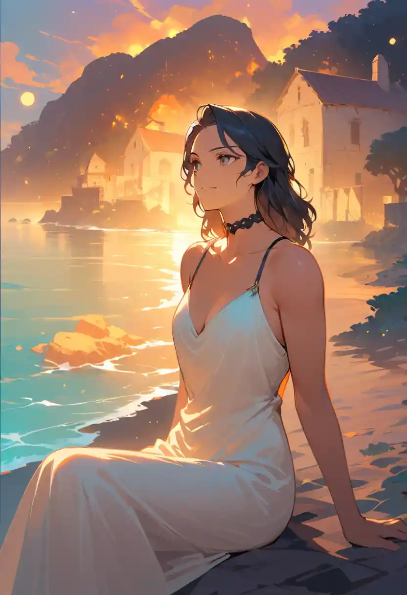 Gothic woman on balcony with white cat at dusk
