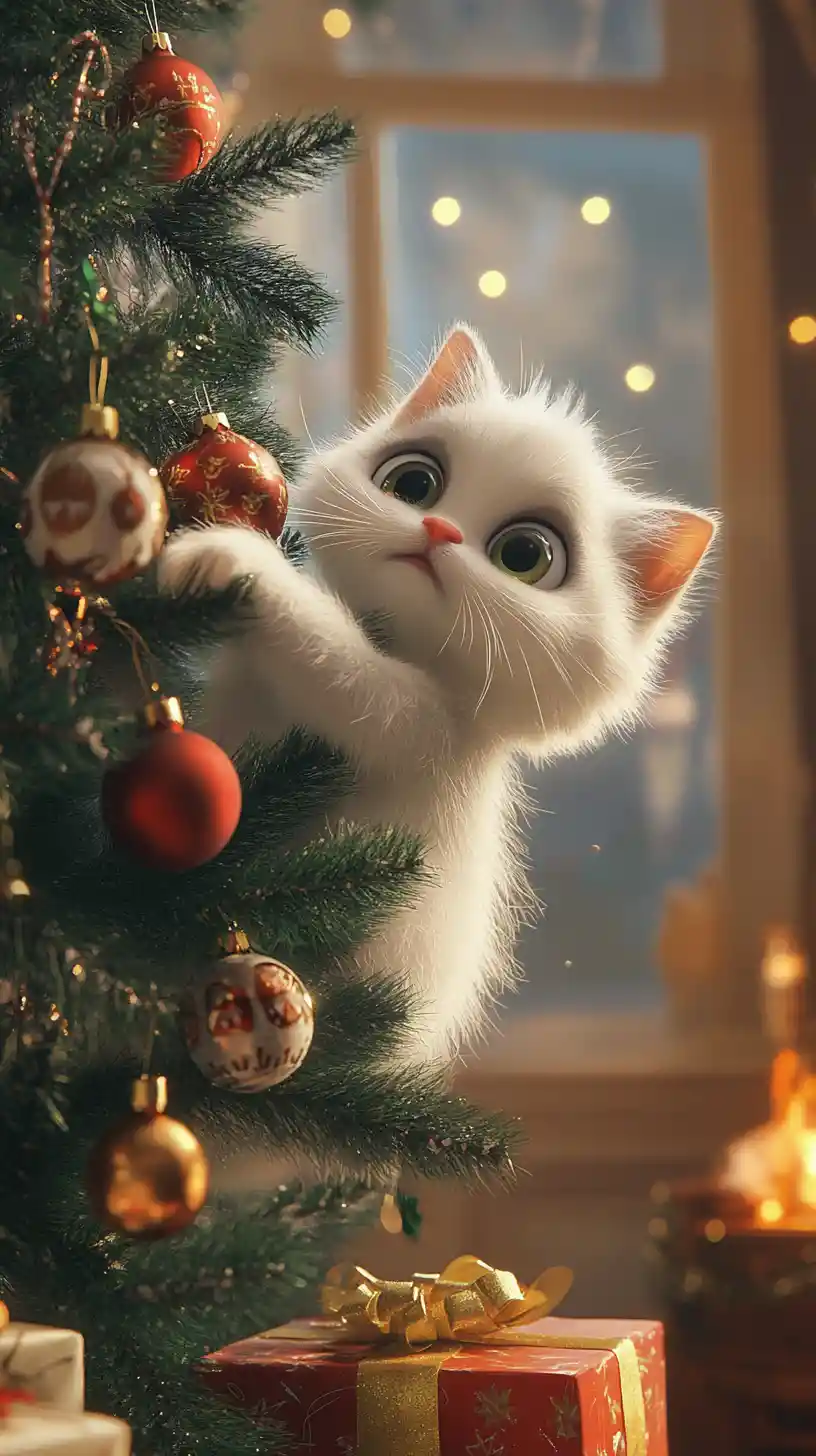 Fluffy white cat clinging to a tipping christmas tree