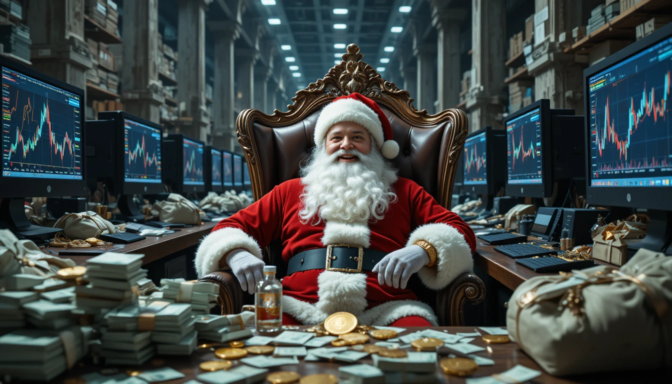 Babbo Natale in un ufficio-magazzino pieno di denaro