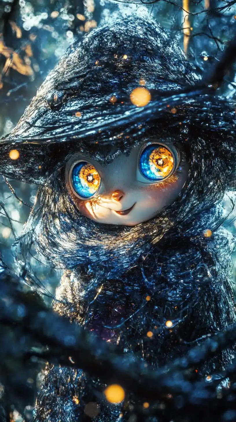 Surprised tiny rabbit in hat on forest tree branch